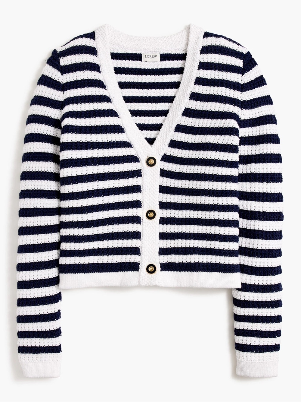 J.Crew Factory Striped Knit V-Neck Cardigan Sweater White Navy Button Front M